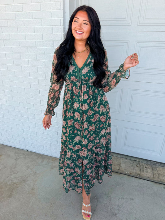 Delicate Floral Print Tiered Button Down Maxi Dress - Eucalyptus
