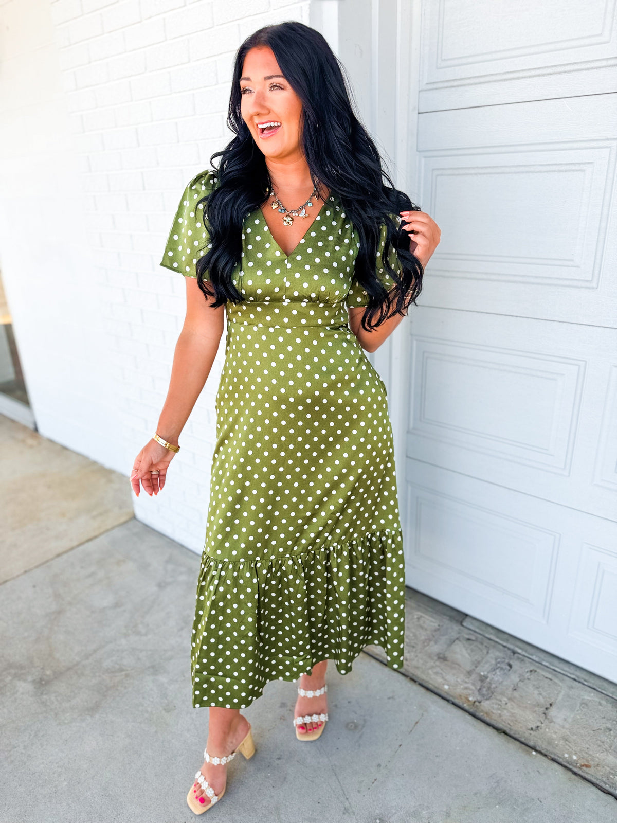 Polka Dot Flutter Sleeve Maxi Dress - Olive