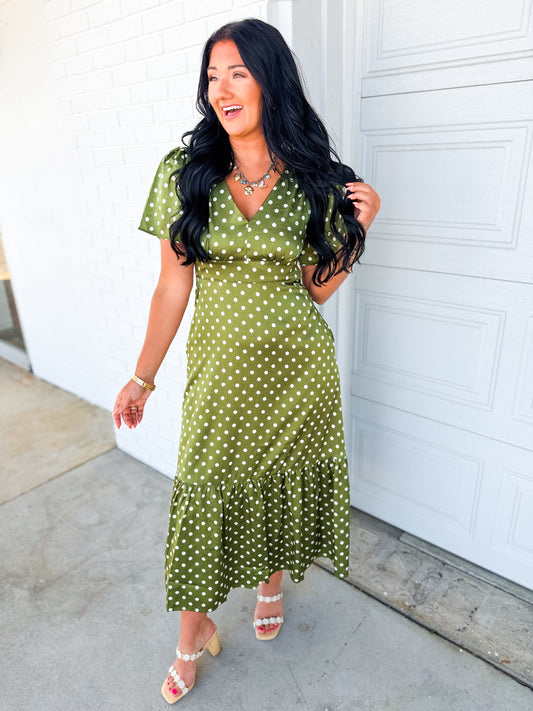 Polka Dot Flutter Sleeve Maxi Dress - Olive