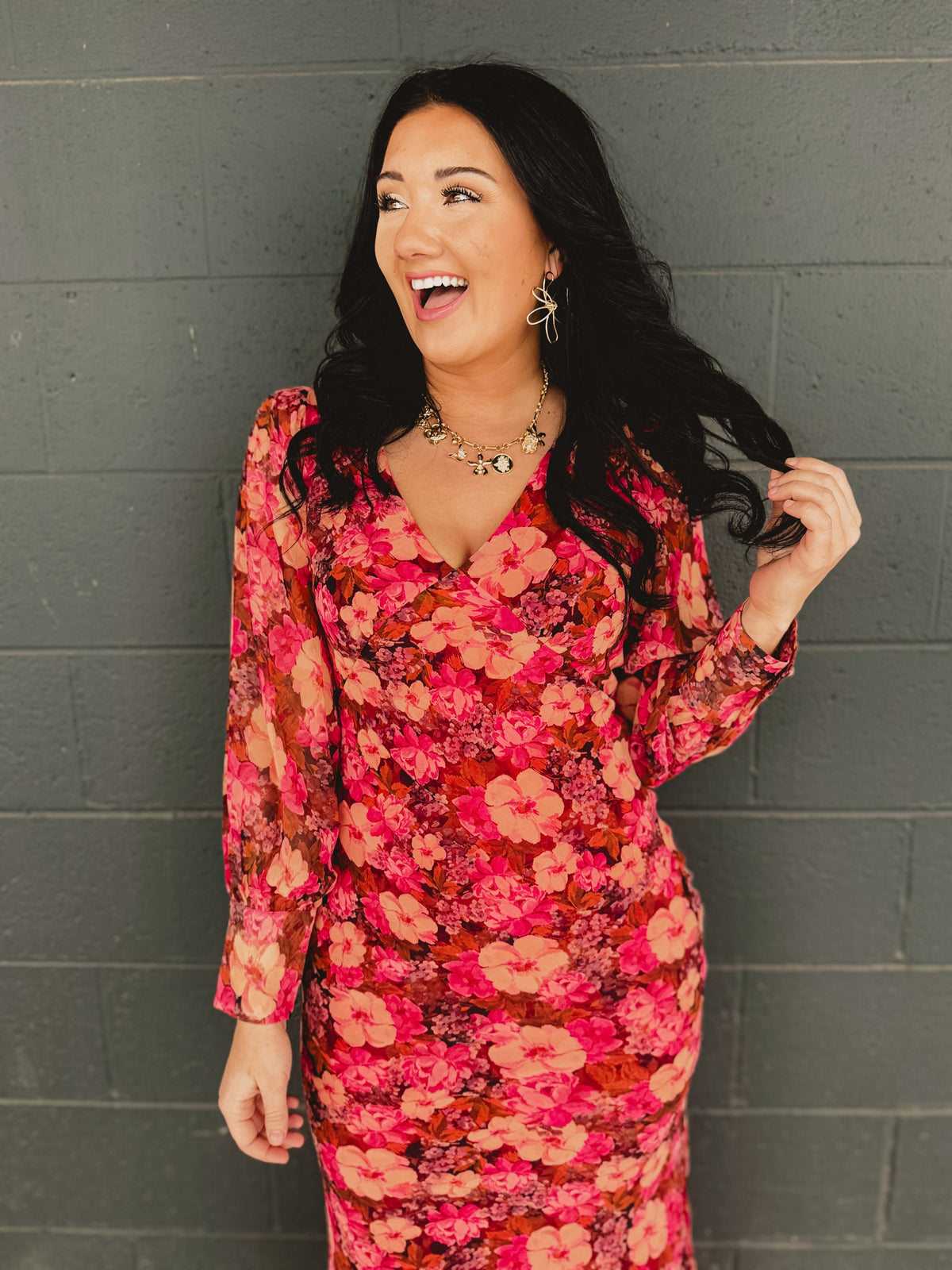 Plunging V-Neck Long Sleeve Maxi Dress - Carmine Rose