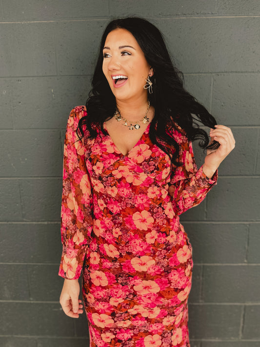 Plunging V-Neck Long Sleeve Maxi Dress - Carmine Rose