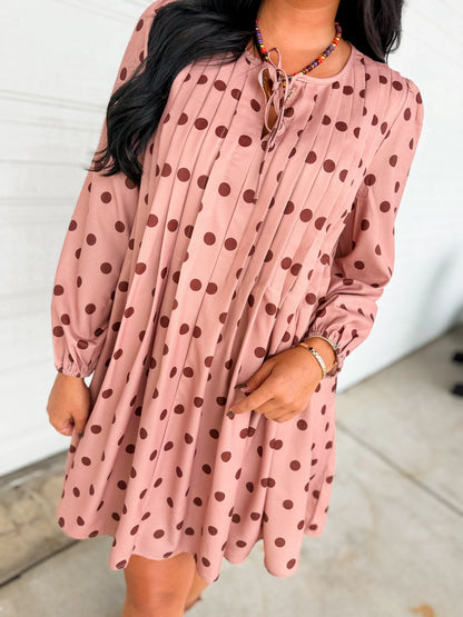 Polka Dot Pleated Long Sleeve Mini Shift Dress - Sienna