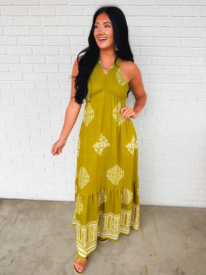 Smocked Border Print Maxi Dress - Olive Palm