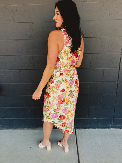 One Shoulder Asymmetrical Pleated Maxi Dress - Garden Multi