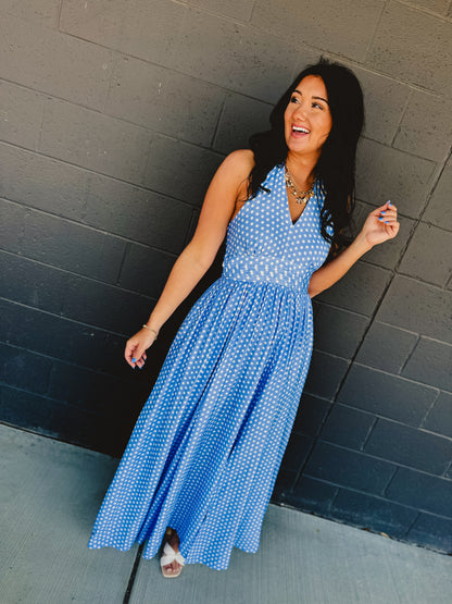 Polka Dot Halter Maxi Dress - Airy Blue