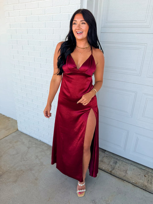 Satin Open Back Padded Maxi Dress - Sangria