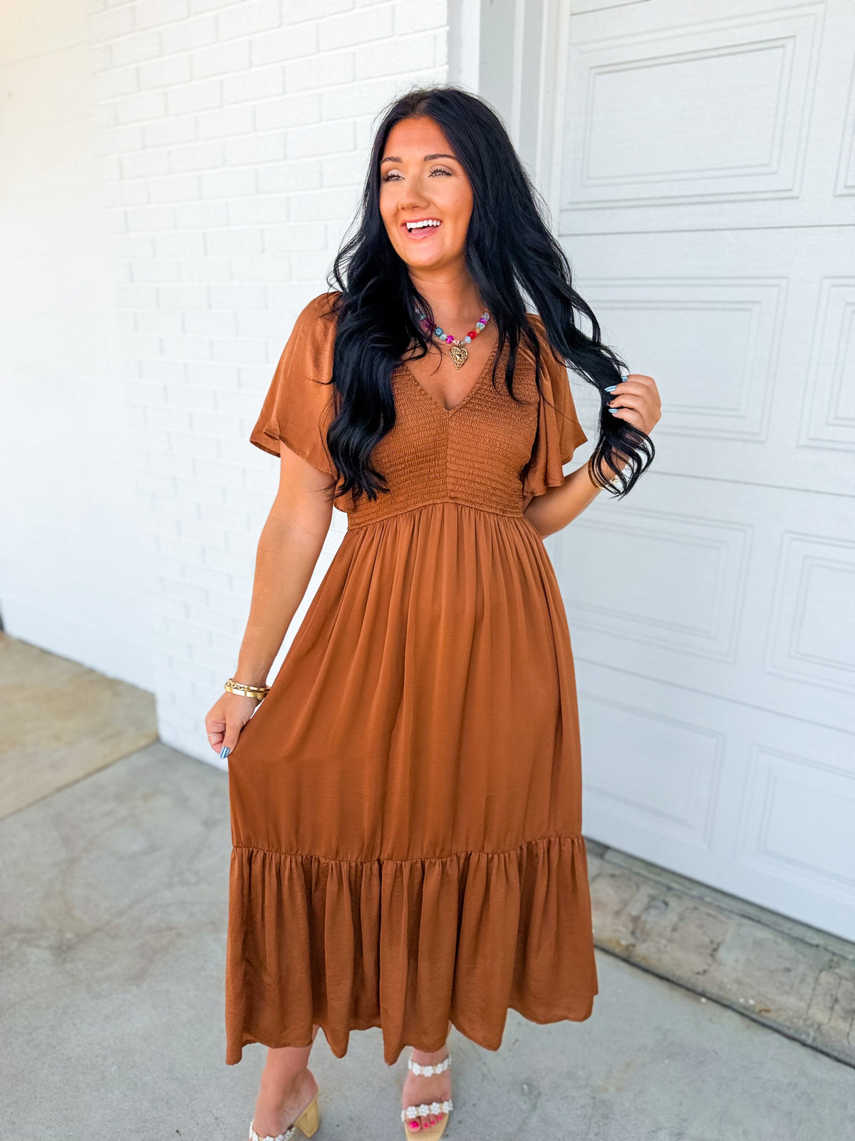 Smocked Washed Satin Tiered Maxi Dress - Sepia