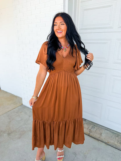 Smocked Washed Satin Tiered Maxi Dress - Sepia