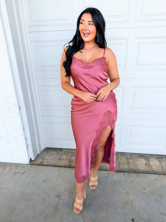 Lace Detail Side Slit Maxi Dress - Antique Rose