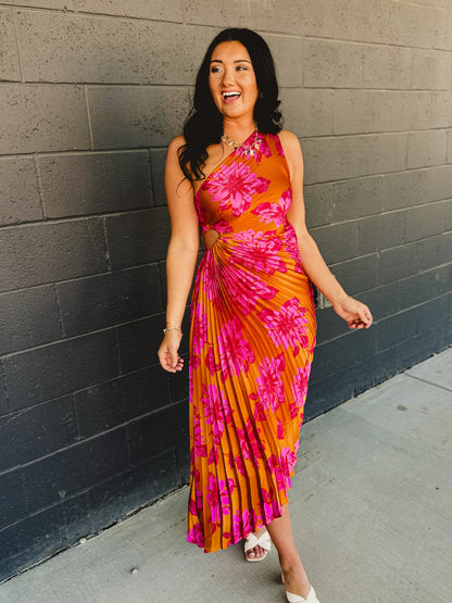 One Shoulder Asymmetrical Pleated Maxi Dress - Hibiscus Mango