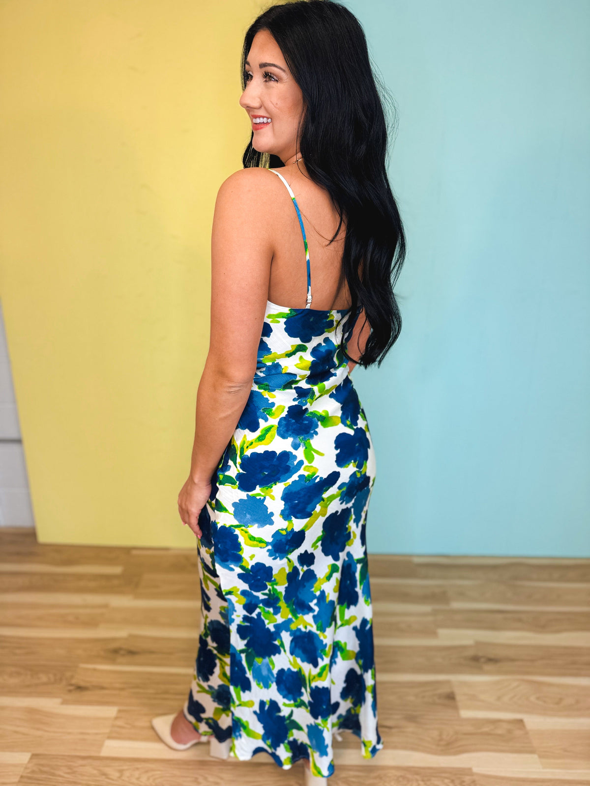 Floral Print Bias-Cut Textured V-Neck Maxi Dress - Blue