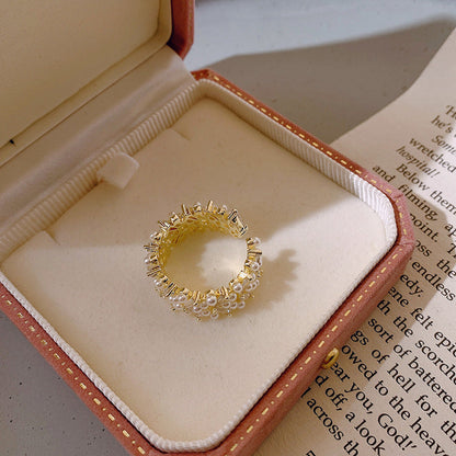 Pearl Cluster Cuff Ring with Gold-Tone Filigree