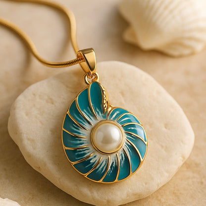 Teal Shell Pendant Necklace with Pearl Accent and Gold-Tone Chain