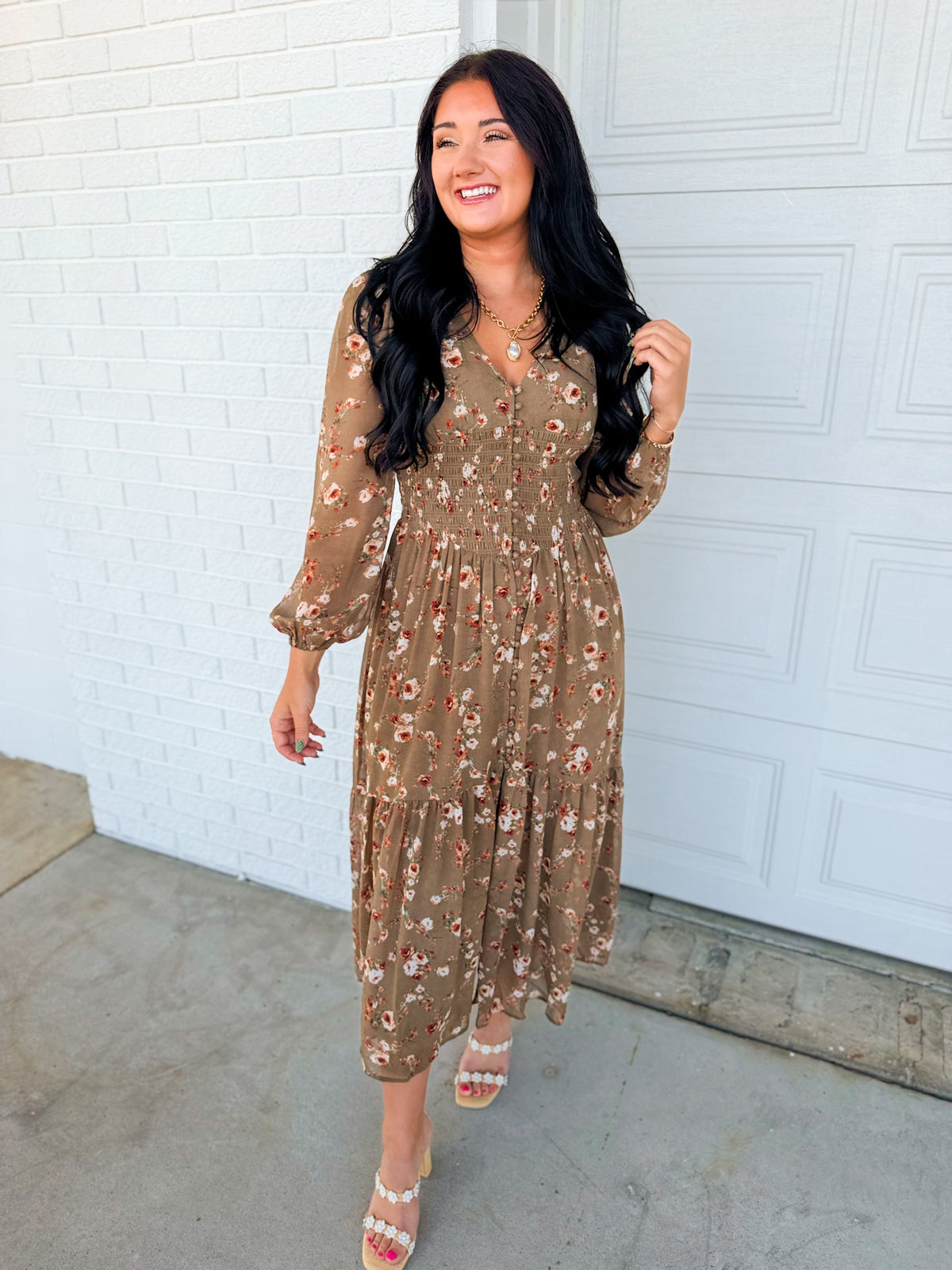 Romantic Floral Smocked Button Down Maxi Dress - Dusted Olive