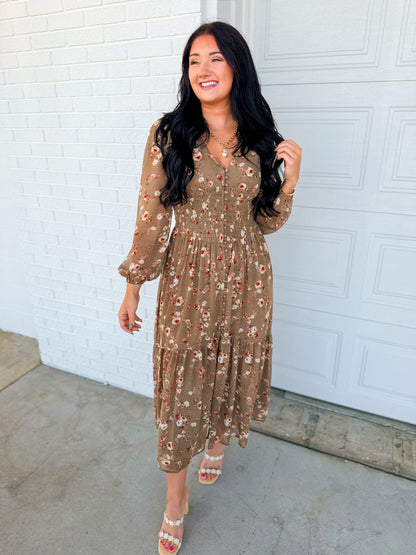 Romantic Floral Smocked Button Down Maxi Dress - Dusted Olive