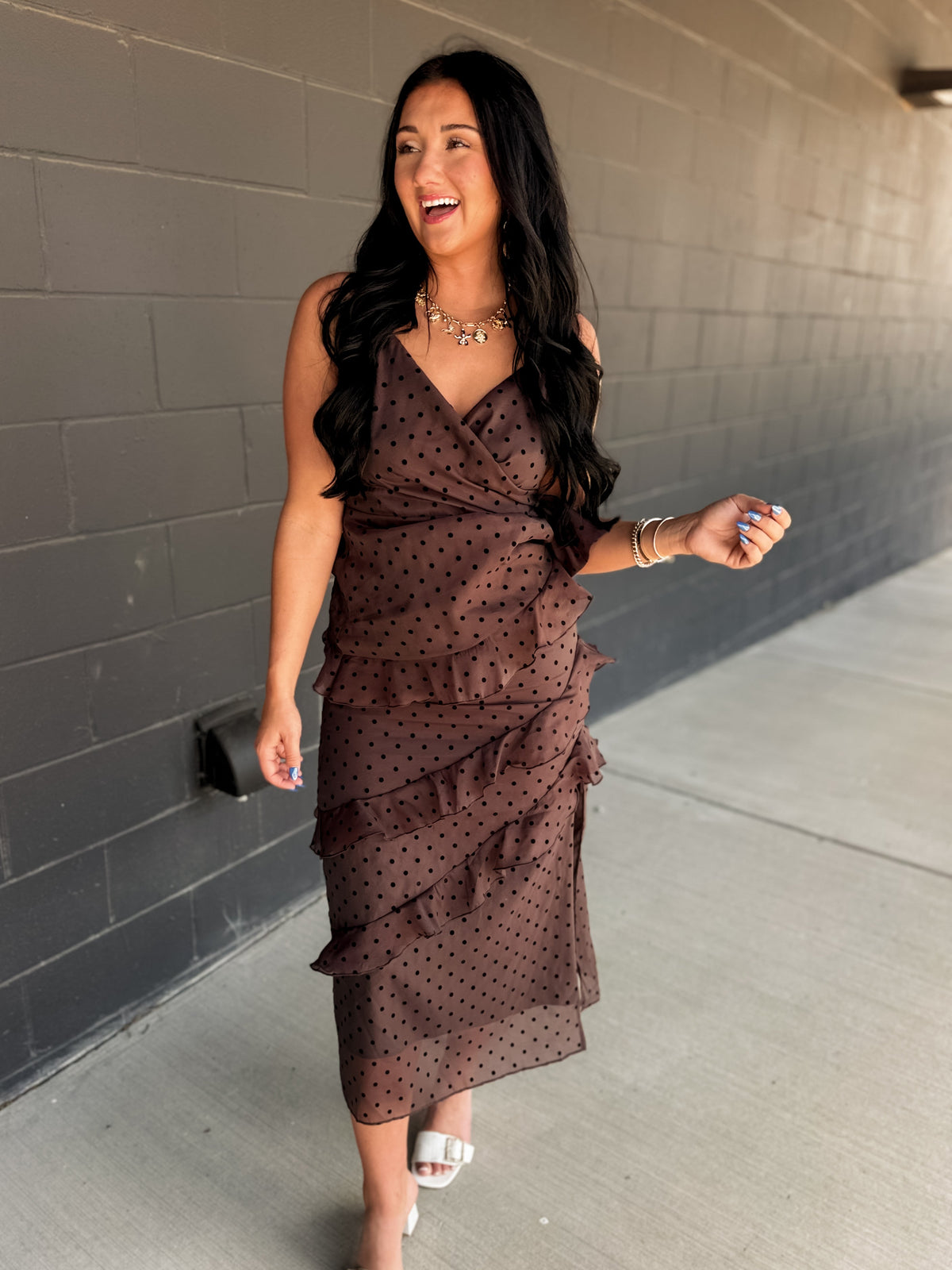Cascading Ruffle Polka Dot Midi Dress - Chocolate
