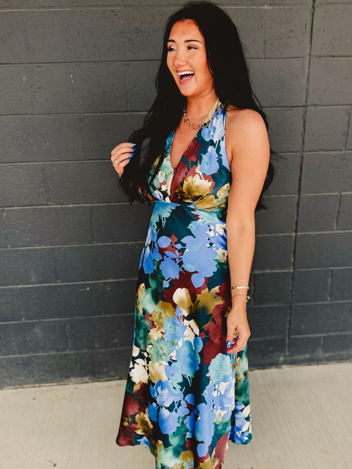 Floral Satin Halter Neck Midi Dress - Blue Multi