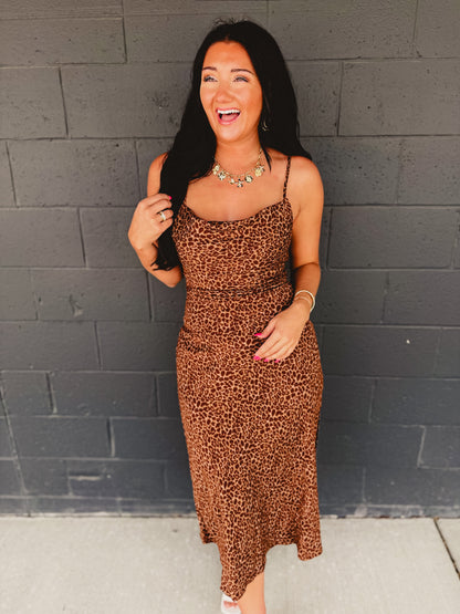 Leopard Print Criss Cross Maxi Dress - Mocha Mousse