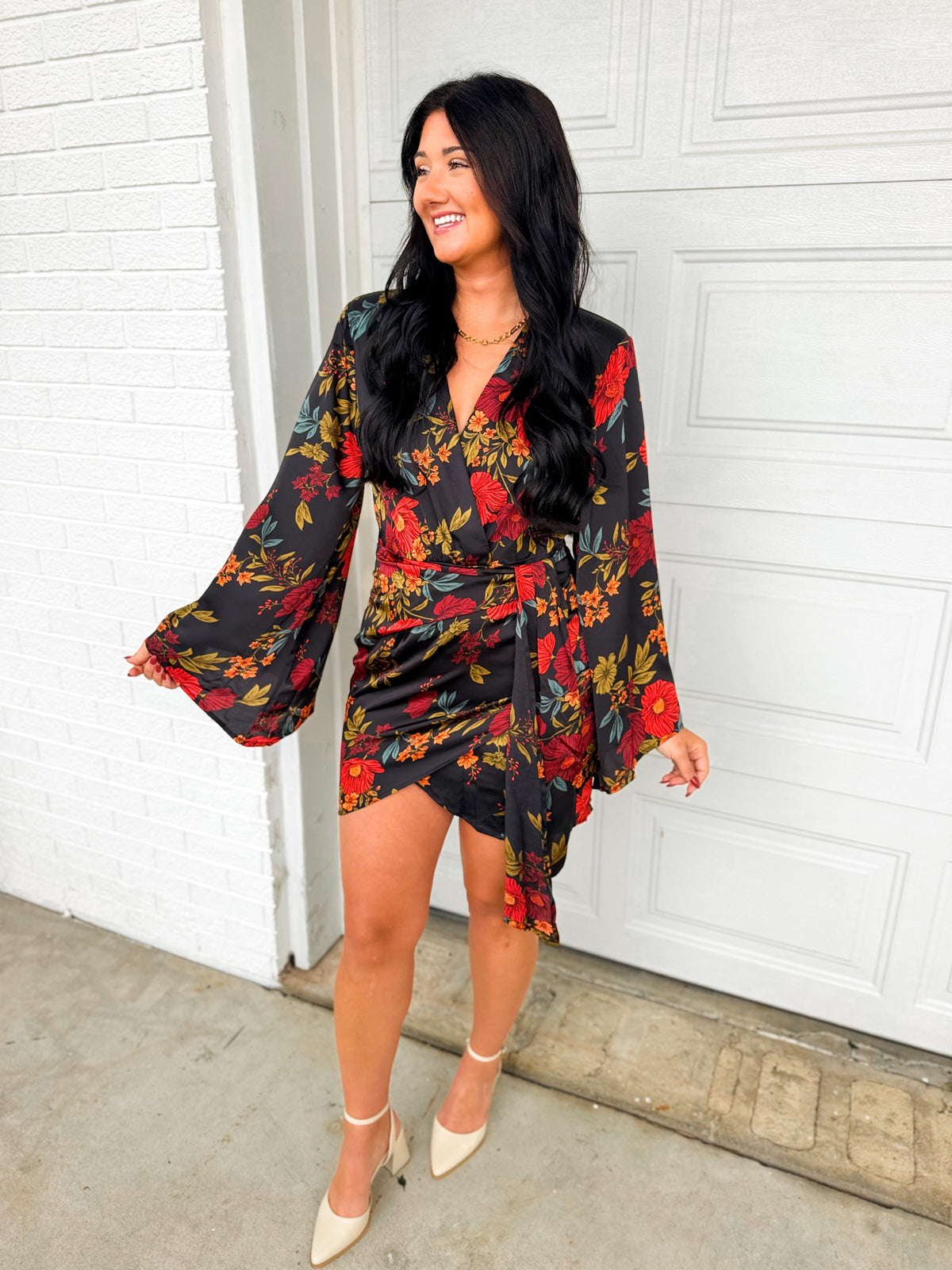 Midnight Floral Satin Wrap Dress - Black