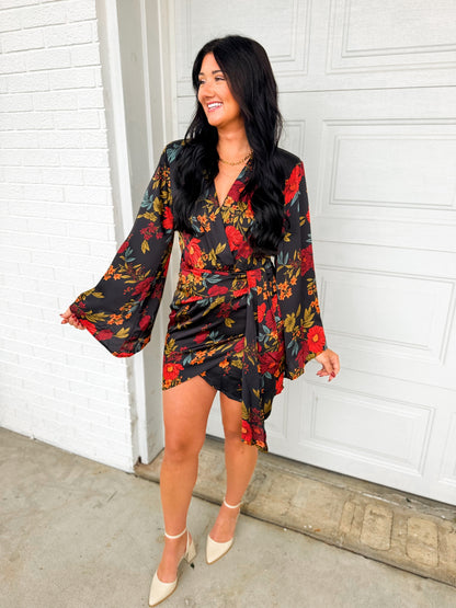 Midnight Floral Satin Wrap Dress - Black