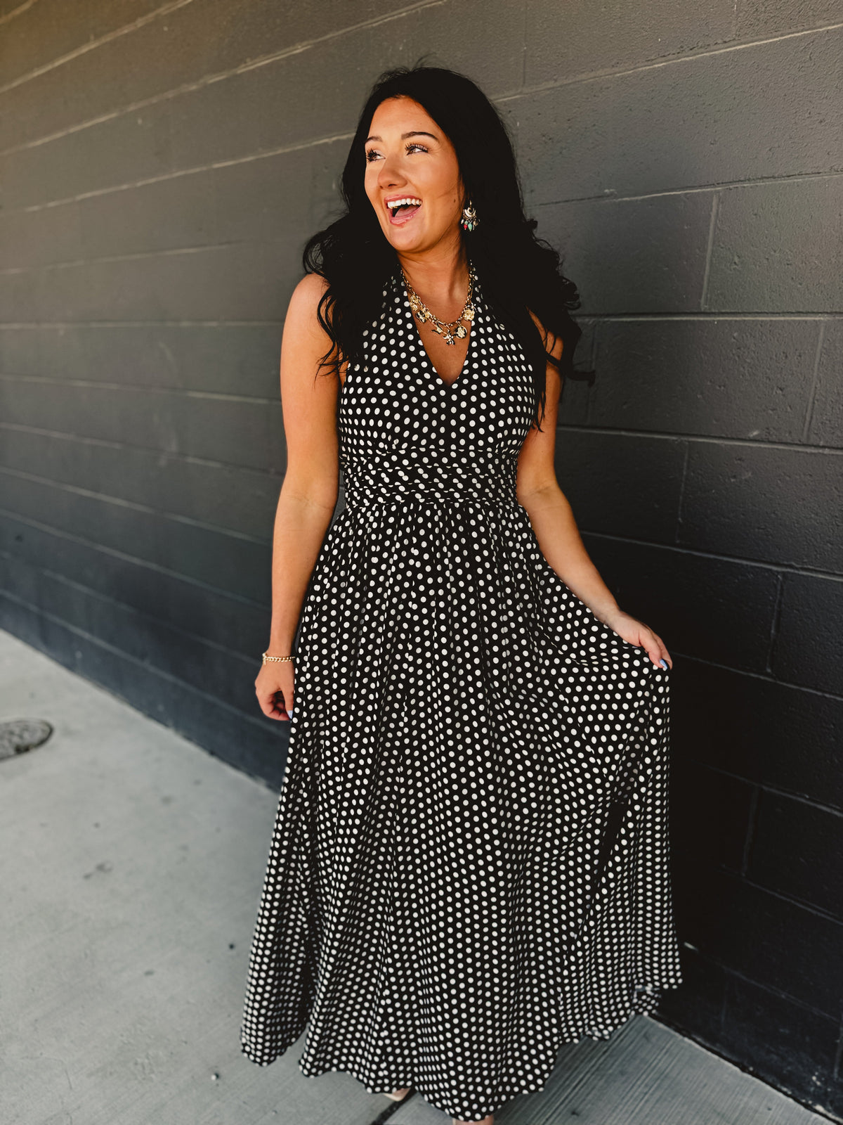 Polka Dot Halter Dress - Black