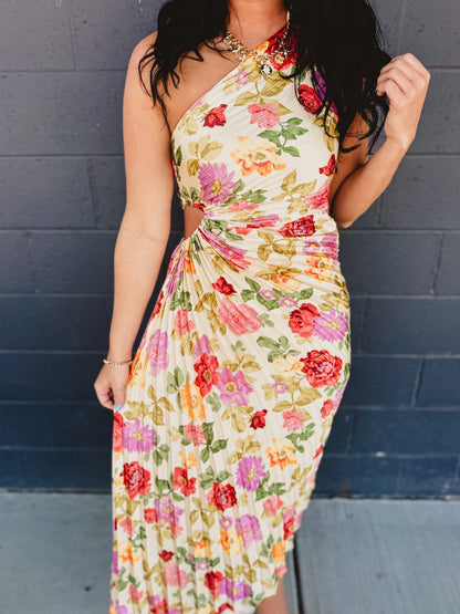 One Shoulder Asymmetrical Pleated Maxi Dress - Garden Multi
