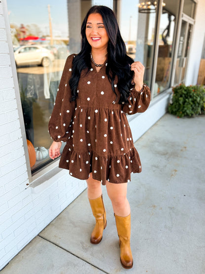Pom-Pom Dot Corduroy Tiered Mini Dress - Chocolate