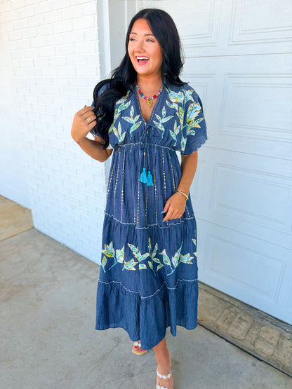 POL Floral Embroidered Chambray Maxi Dress — Denim Blue