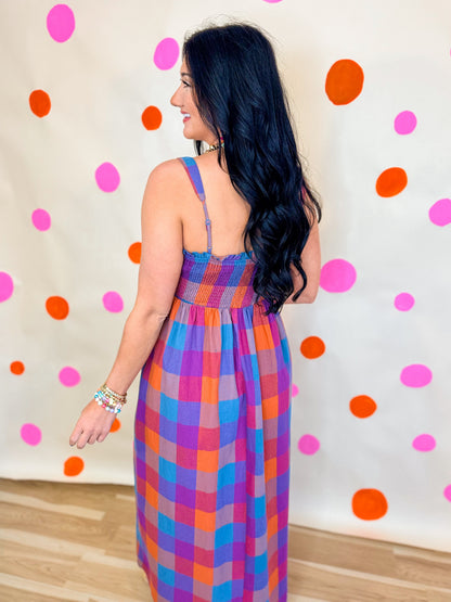 Multicolour Plaid Midi Dress - Navy Combo