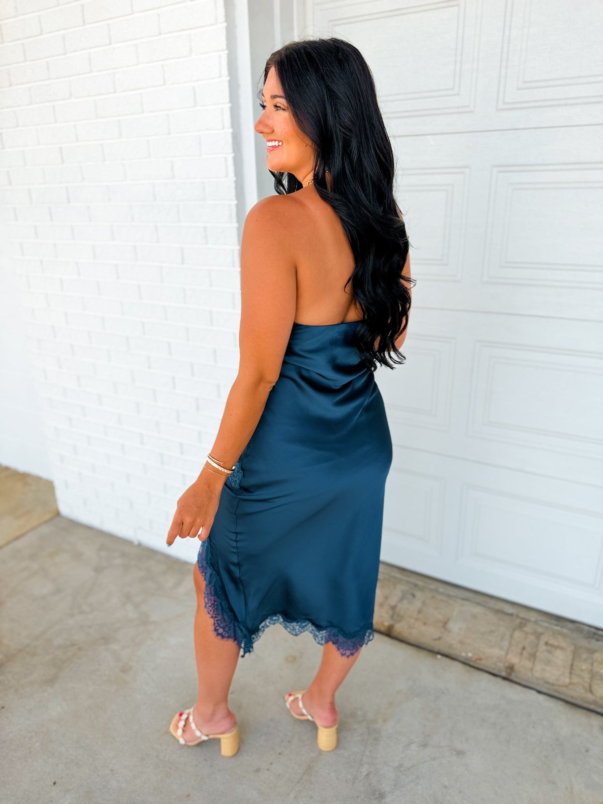 Satin Strapless Lace Hem Midi Dress - Deep Teal