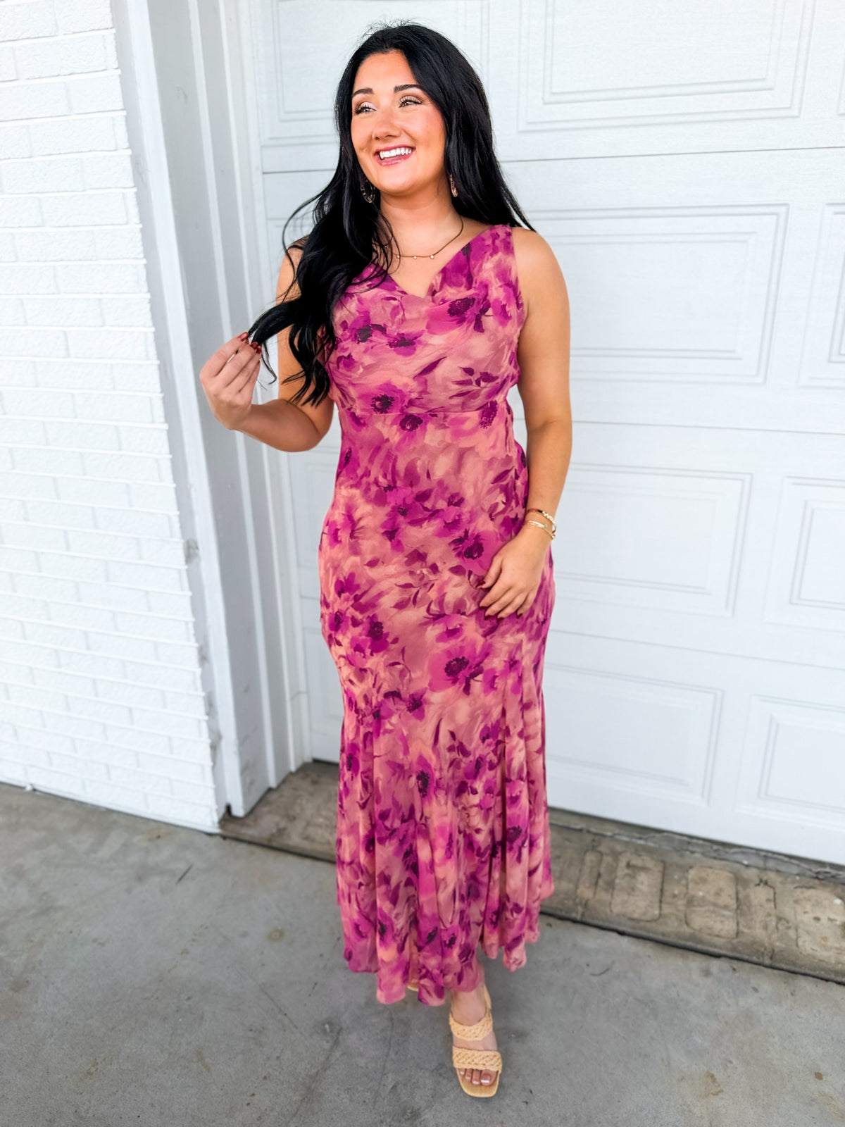 Soft Florals Printed Cowl Neck Maxi Dress - Sangria Bloom