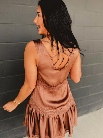 Satin Slip Lace Trim Babydoll Mini Dress - Mocha