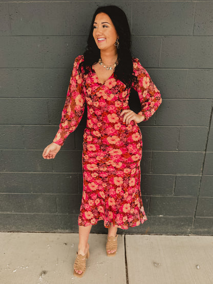 Plunging V-Neck Long Sleeve Maxi Dress - Carmine Rose