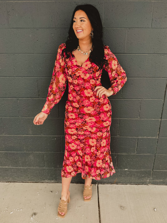 Plunging V-Neck Long Sleeve Maxi Dress - Carmine Rose