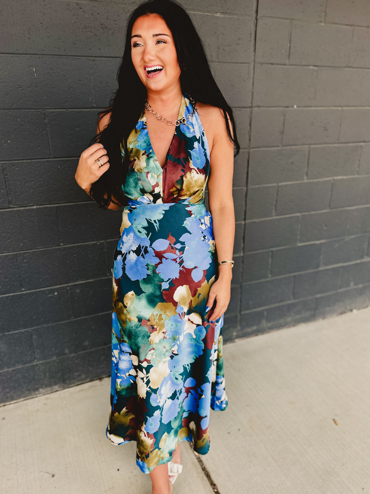 Floral Satin Halter Neck Midi Dress - Blue Multi