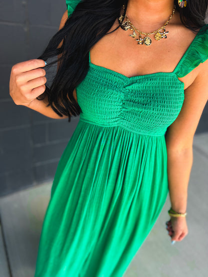 Ruffle Sleeve Front Slit Maxi Dress - Green