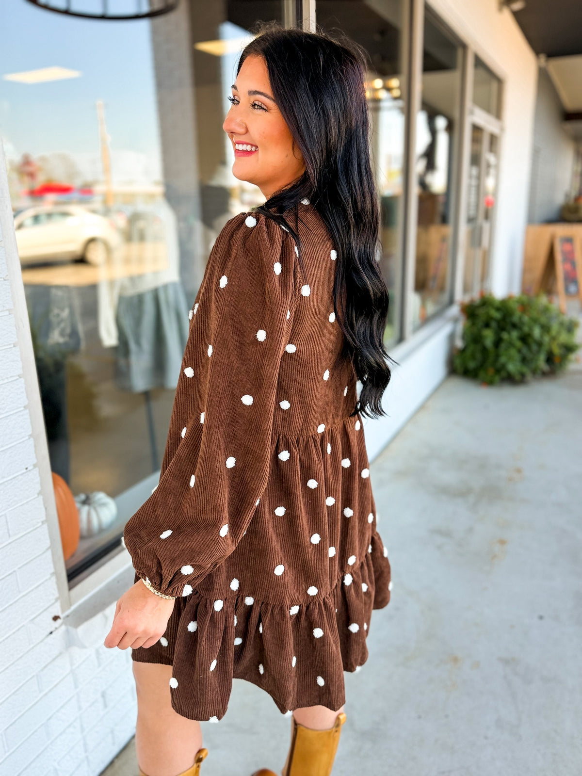 Pom-Pom Dot Corduroy Tiered Mini Dress - Chocolate