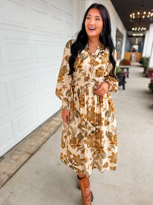 Fall Floral Printed Long Sleeve Midi Dress - Sand Multi
