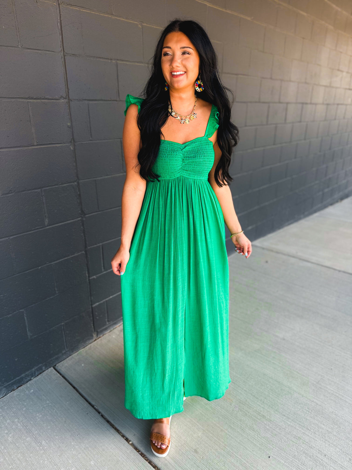Ruffle Sleeve Front Slit Maxi Dress - Green