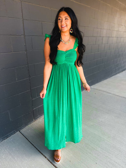 Ruffle Sleeve Front Slit Maxi Dress - Green