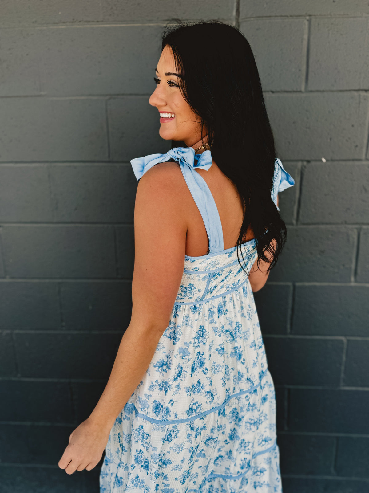 Floral Print Contrast Detail Midi Dress - Light Blue