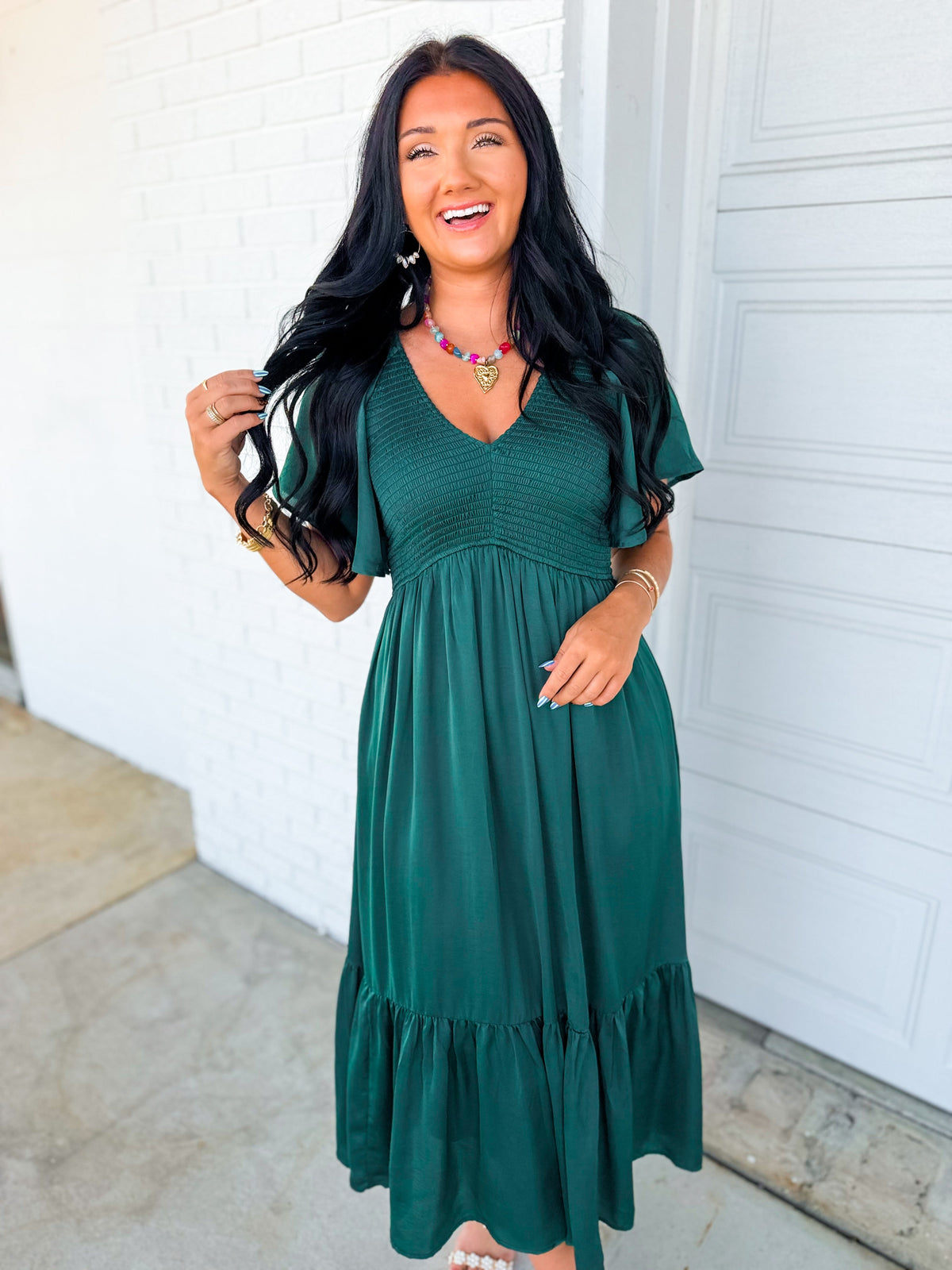 Smocked Washed Satin Tiered Maxi Dress - Emerald