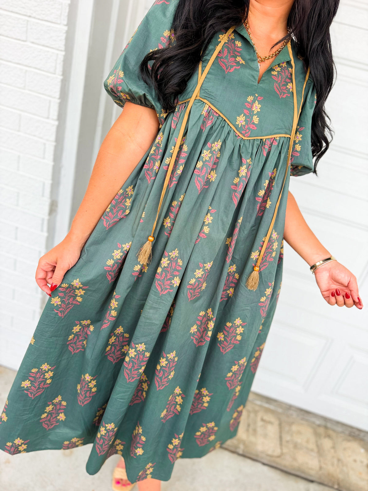 Floral Contrast Trim Puff Sleeve Maxi Dress - Dark Forest Green