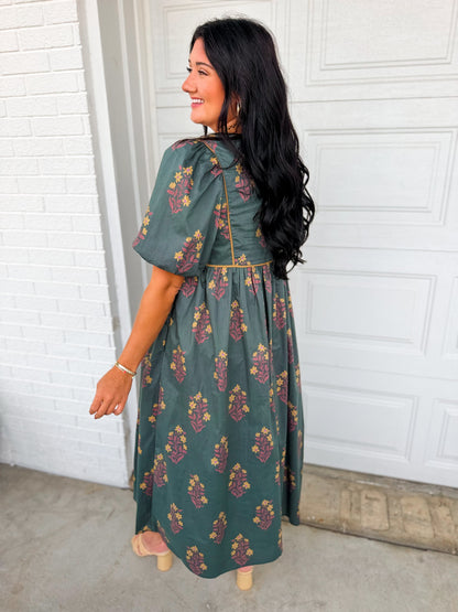 Floral Contrast Trim Puff Sleeve Maxi Dress - Dark Forest Green
