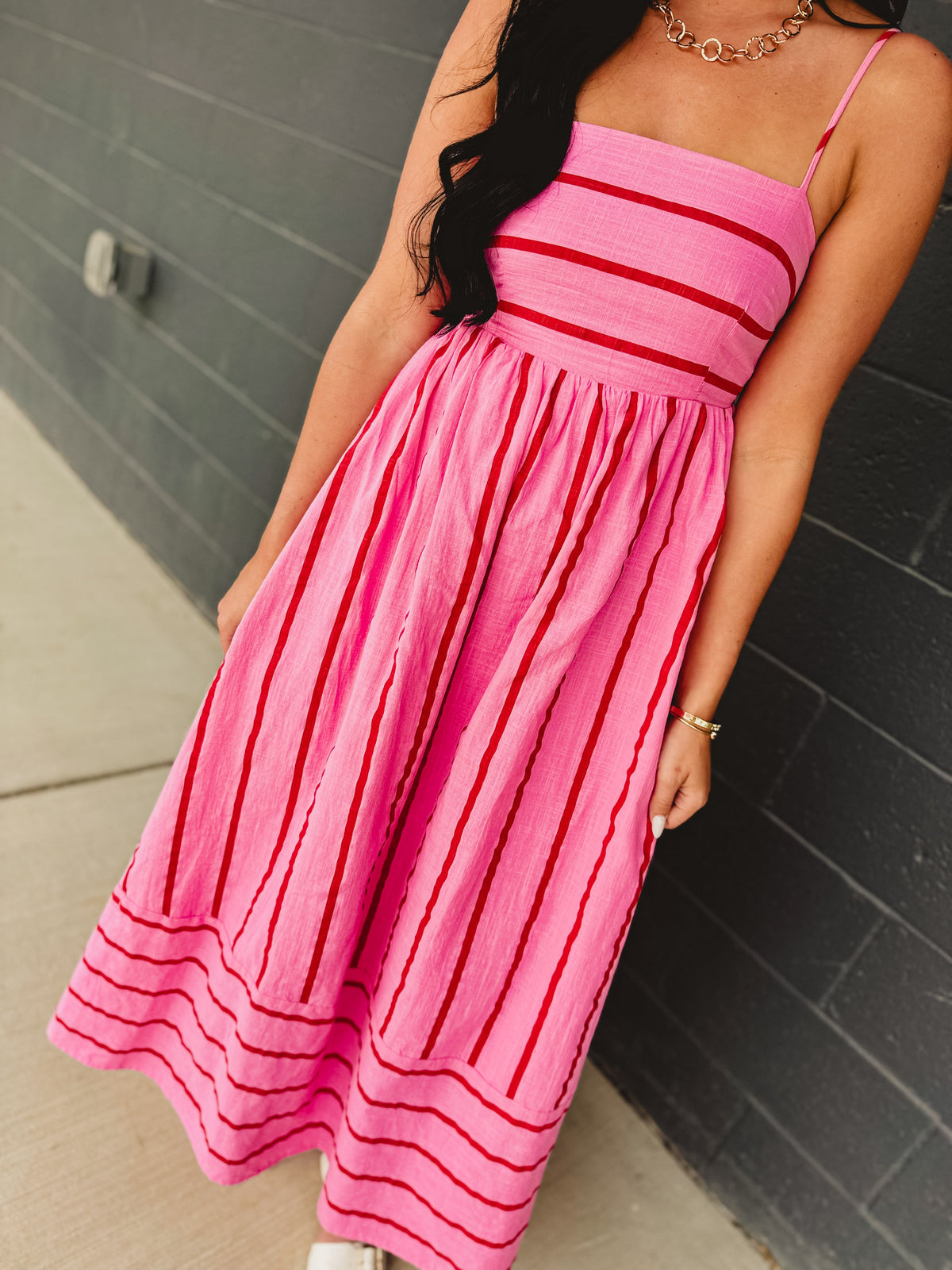 Striped Woven Cotton Flare Midi Dress - Pink Multi