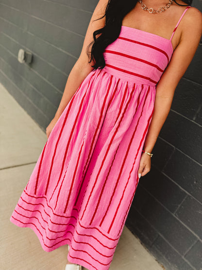 Striped Woven Cotton Flare Midi Dress - Pink Multi