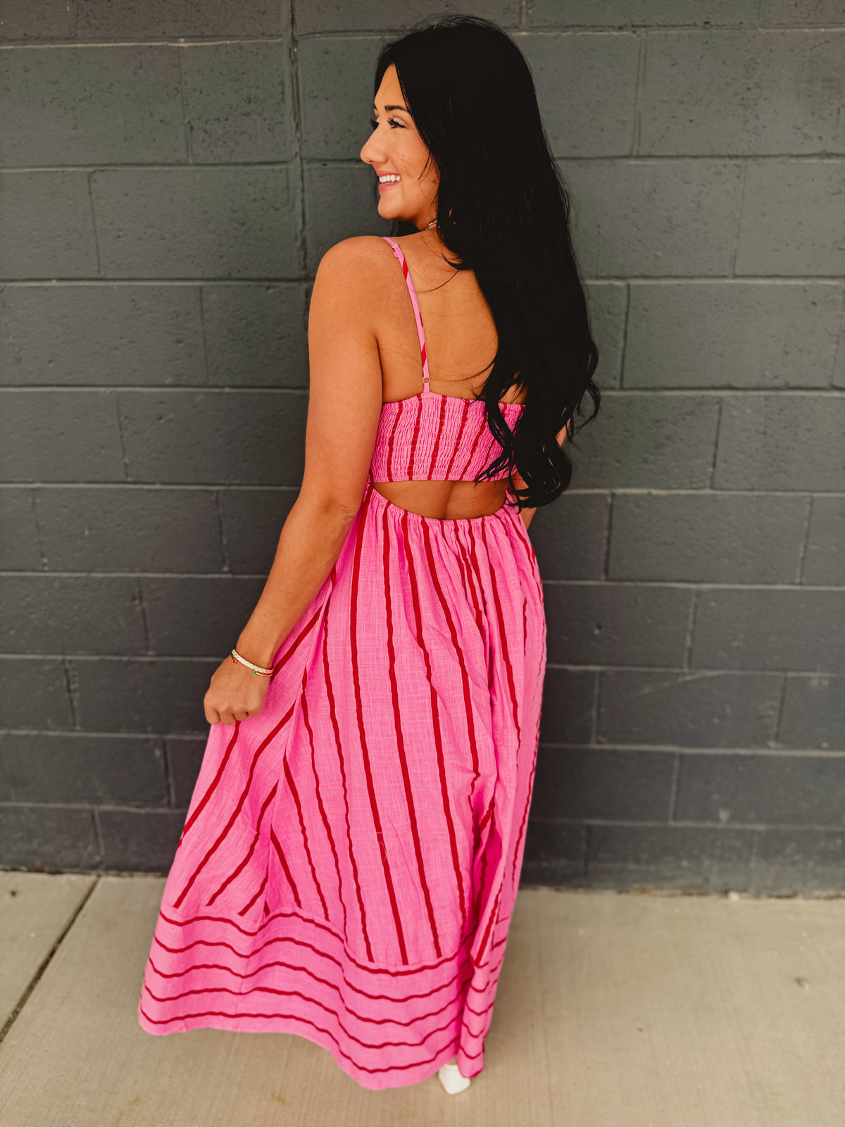 Striped Woven Cotton Flare Midi Dress - Pink Multi