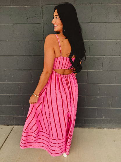 Striped Woven Cotton Flare Midi Dress - Pink Multi