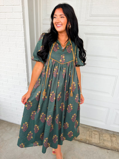 Floral Contrast Trim Puff Sleeve Maxi Dress - Dark Forest Green