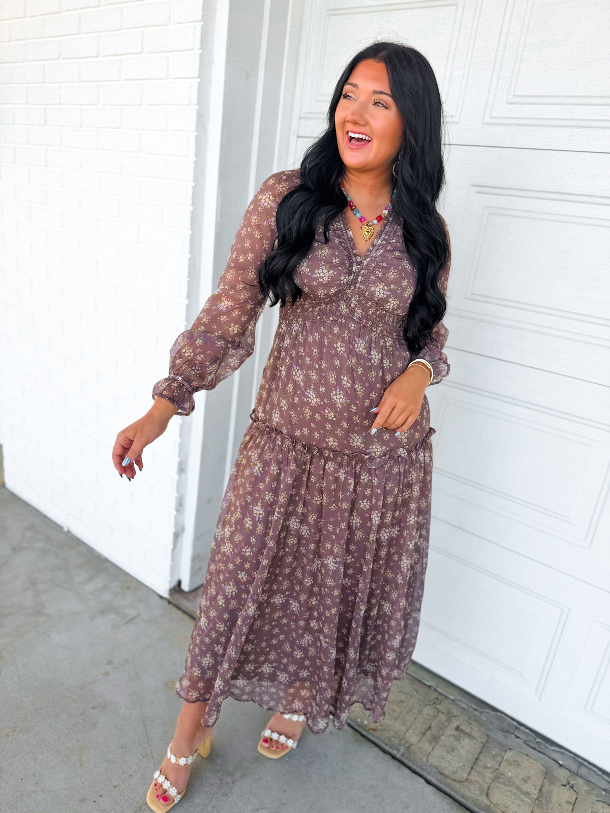 Smocked Floral Ruffle Detail Maxi Dress - Chestnut